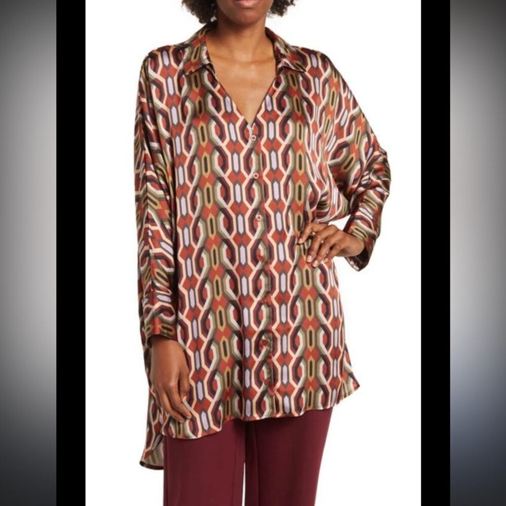 NEW BY DESIGN Marissa Collared Poly Silk Tunic In Art Deco Size Large